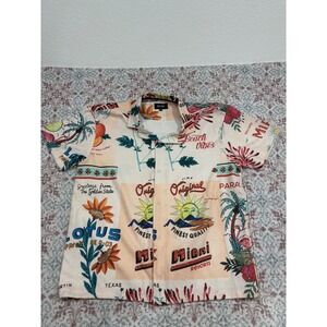 Malibu by Drill Clothing Co Mens 2X Miami Postcard Print Button Down Shirt Cream